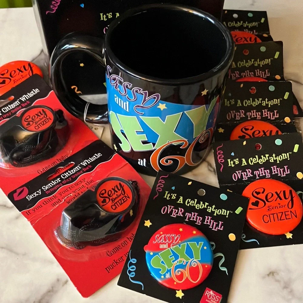Russ‎ “Sassy & Sexy at 60” party pack: mug, buttons, whistles